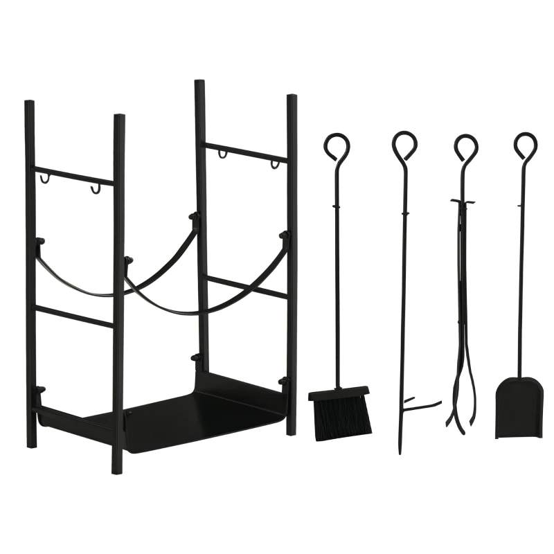 Outsunny Portalegna da Interno ed Esterno in Metallo a 2 Ripiani, Porta Legna per Interni con Supporti Rimovibili, Paletta, Scopa, Attizzatoio e Pinza, 44.5x29.5x73 cm, Nero
