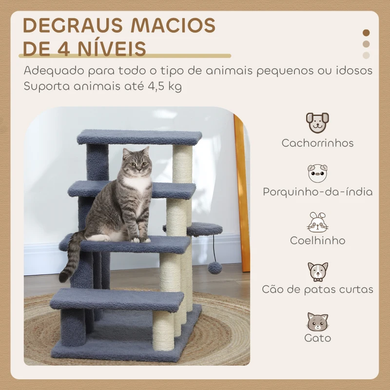 PawHut Arranhador para Gatos de 4 Níveis Escada para Animais de Estimação Revestida com Franela Suave Poste de Sisal Bola Suspensa 60x40x64 cm Cinzento