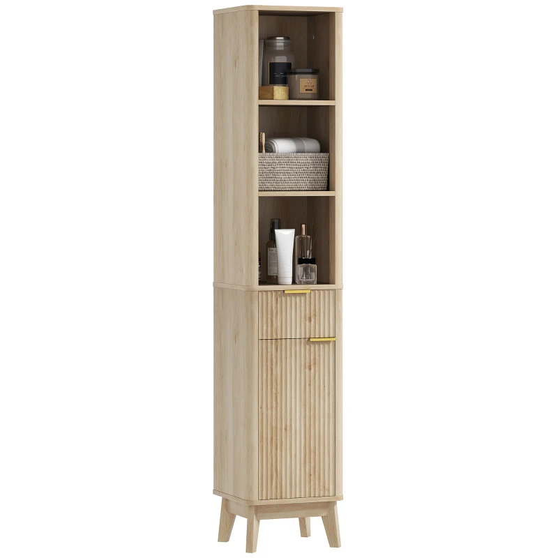 HOMCOM Columna Alta de Baño con Estantes y Cajón Diseño Compacto y Funcional para Espacios Reducidos 33x30x170 cm Tono Madera