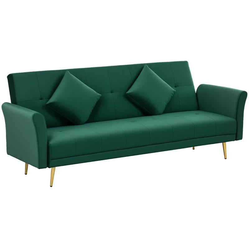HOMCOM Canapea Pat cu 3 Locuri, 2 perne, Canapea Pat cu Spătar Reglabil, 206x81x83 cm, Verde