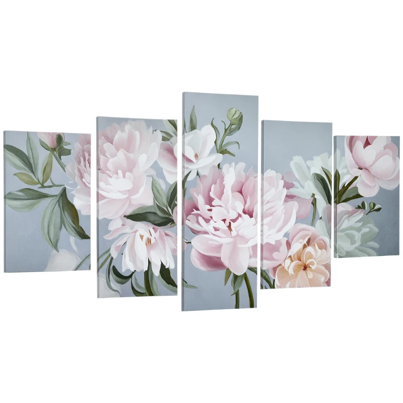 HOMCOM Stampa su Tela con Peonie, 5 Pezzi per Casa e Ufficio, Tela in Legno di Pino e Vernice ad Acqua, 200x100cm, Multicolore