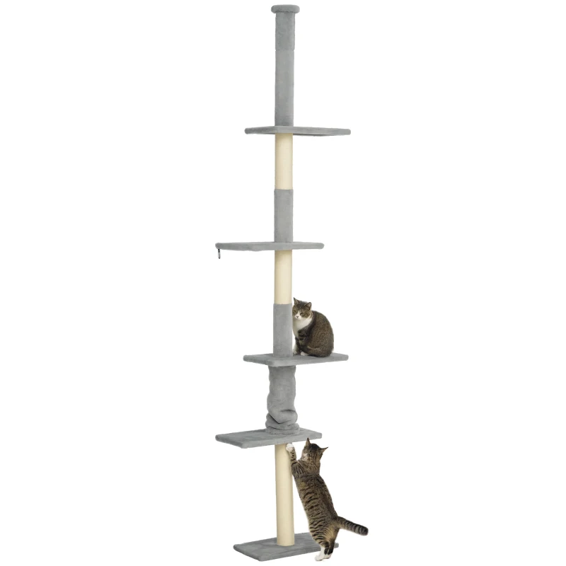 PawHut Árbol para Gatos de Suelo a Techo 225-275 cm Torre para Gatos con Múltiples Plataformas Sistema de Antivuelco Gris Claro