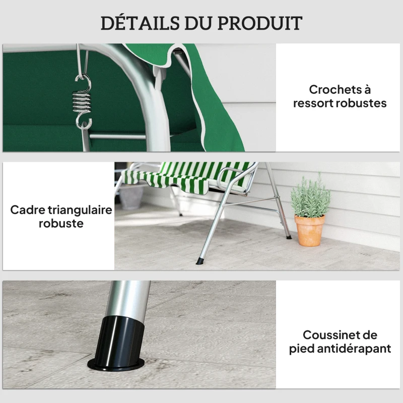 Outsunny Balancelle de jardin 3 places, balançoire extérieure toit inclinaison réglable, motif à rayures 1,7 x 1,1 x 1,53 m vert