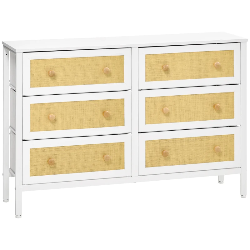 HOMCOM Cómoda Estilo Cannage con 6 Cajones de Tela Plegables y Extraíbles para Dormitorio Salón 120x30x83 cm Blanco