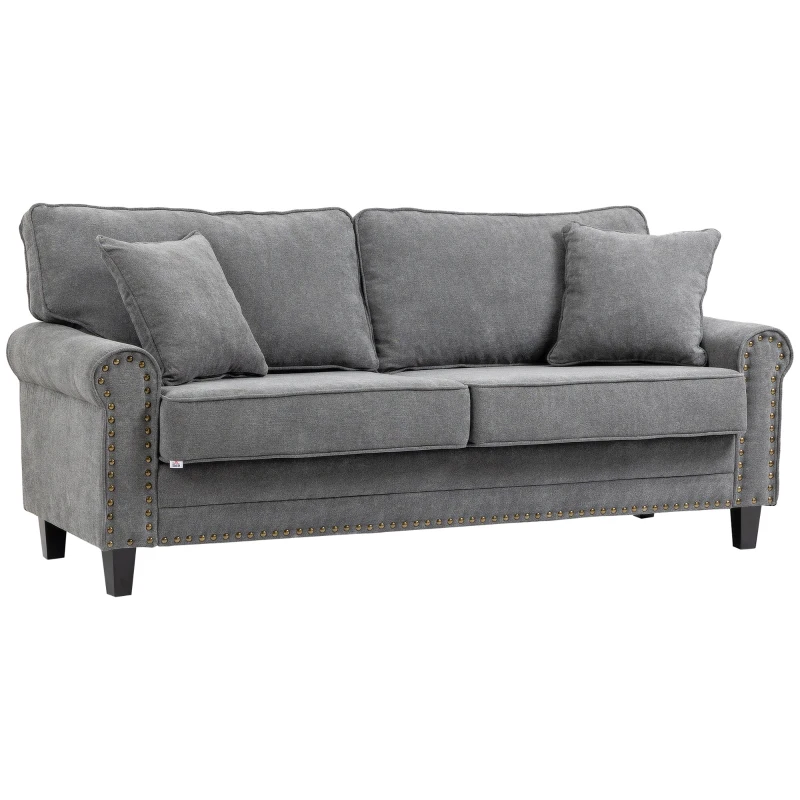 HOMCOM Sofá de 3 Plazas con Tachuelas Oro Envejecido Tapizado en Poliéster con 2 Cojines Decorativos 196x80,5x89 cm Gris