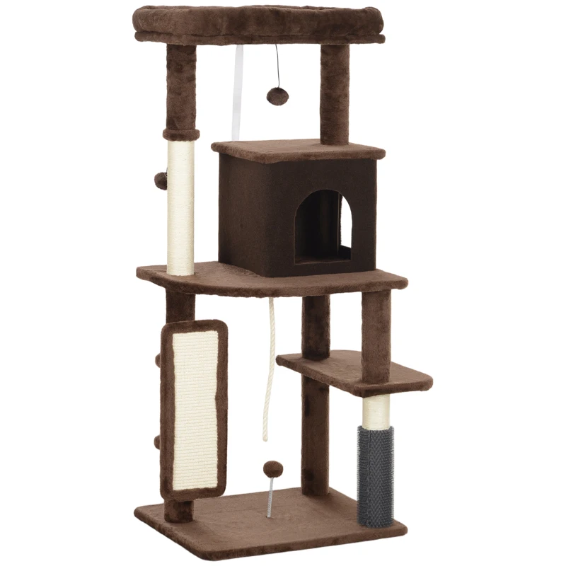 PawHut Árbol Rascador para Gatos 132 cm con Plataformas Poste con Cepillo Bolas Colgantes y Almohadilla para Rascar Marrón