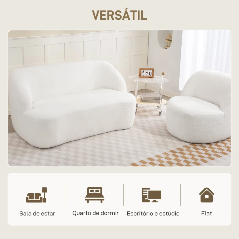 HOMCOM Sofá de 2 Lugares Estofado em Borreguito Sofá de Sala de Estar com Desenho Curvo e Acolchoamento Grosso142x85x73,5 cm Creme