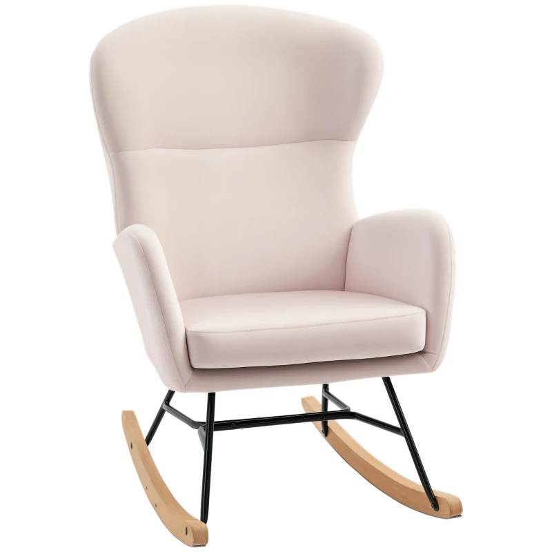 HOMCOM Poltrona Baloiço Estofada em Veludo com Assento Acolchoado Apoio para os Braços e Pés de Madeira de Faia 65x87x102cm Rosa