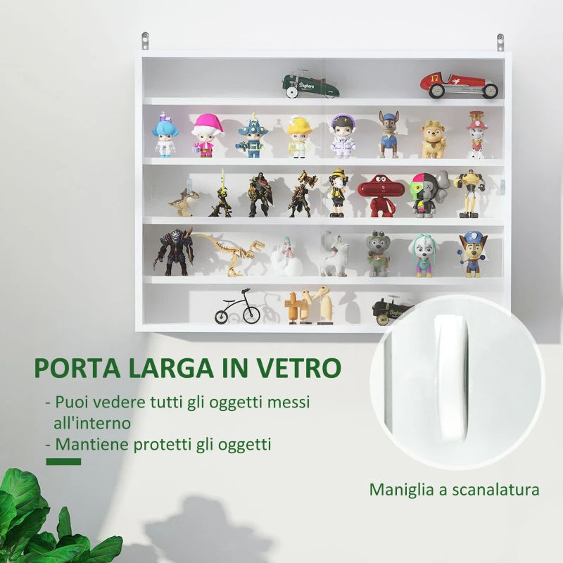HOMCOM Vetrina Espositiva da Parete a 4 Ripiani Regolabili, Vetrinetta per Collezionismo, Bacheca Espositore a Muro per Oggetti da Collezione, in Vetro e Truciolato, 80x9.5x60 cm, Bianco