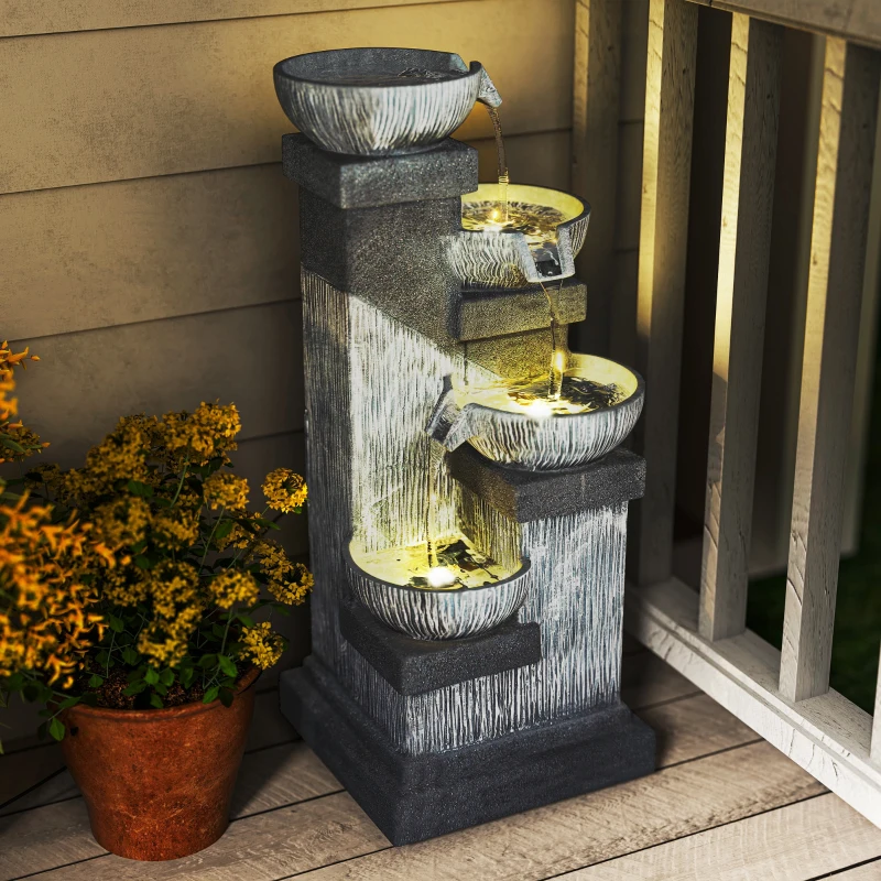 Outsunny 85 cm Outdoor-Brunnen, 4-stufiger Zierbrunnen, künstlicher Wasserfall mit LED-Beleuchtung und Pumpe, Grau