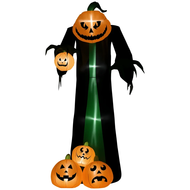 HOMCOM Halloween-Deko, 2,40m großer Kürbisgeist, selbstaufblasend, LED-Beleuchtung, für Außenbereiche