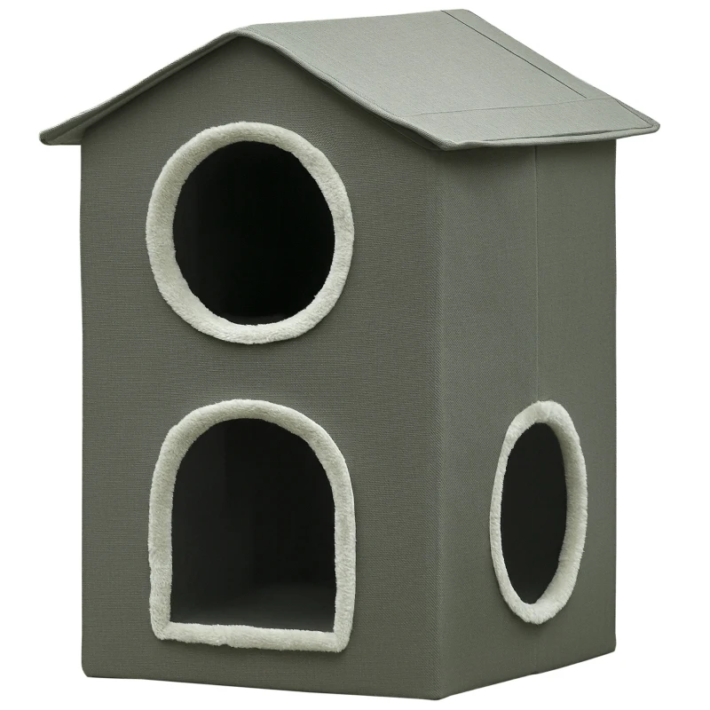 PawHut Casa para Gatos de 2 Níveis Cama para Gatos Caverna para Gatos com 3 Portas e Almofadas Laváveis 42x46x59,5 cm Cinza