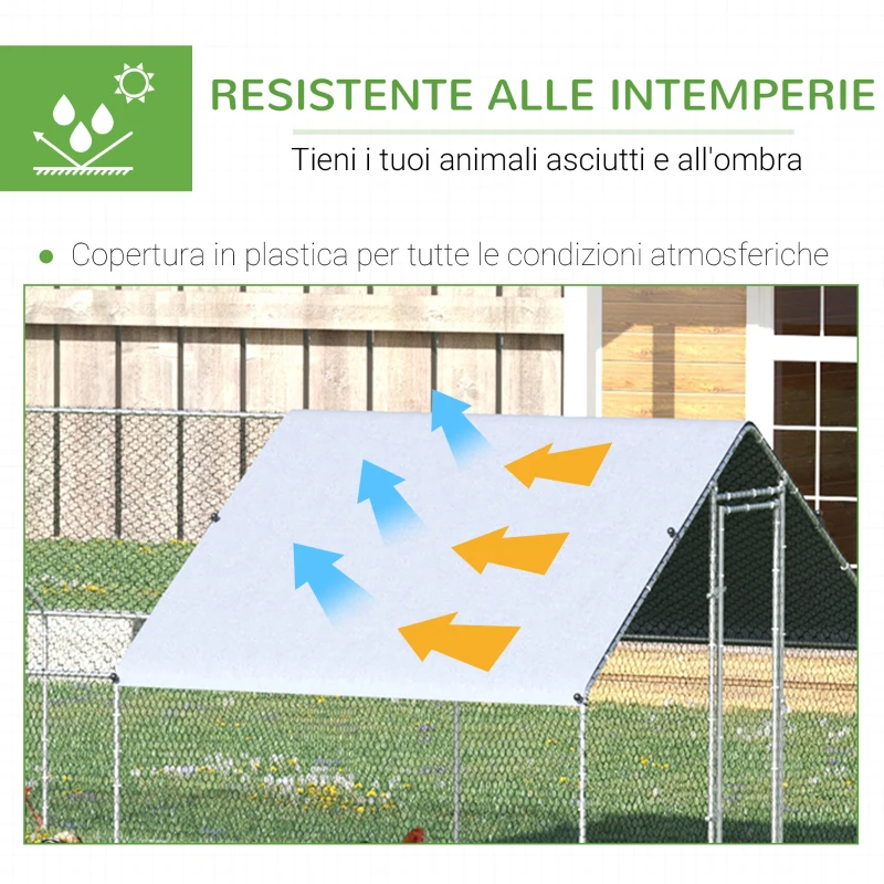 PawHut Pollaio da Giardino con Telaio Zincato, Copertura Impermeabile e Rete Esagonale, 3x8x2m, Argento
