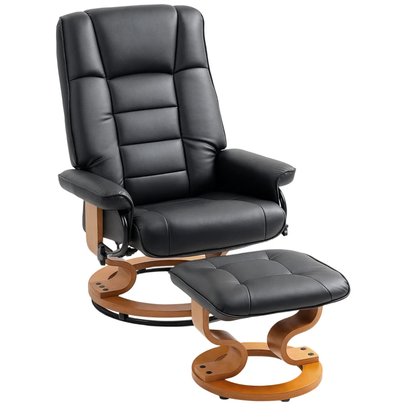 HOMCOM Sillón de relajación reclinable con reposapiés, giratorio, marco de madera, revestimiento sintético negro