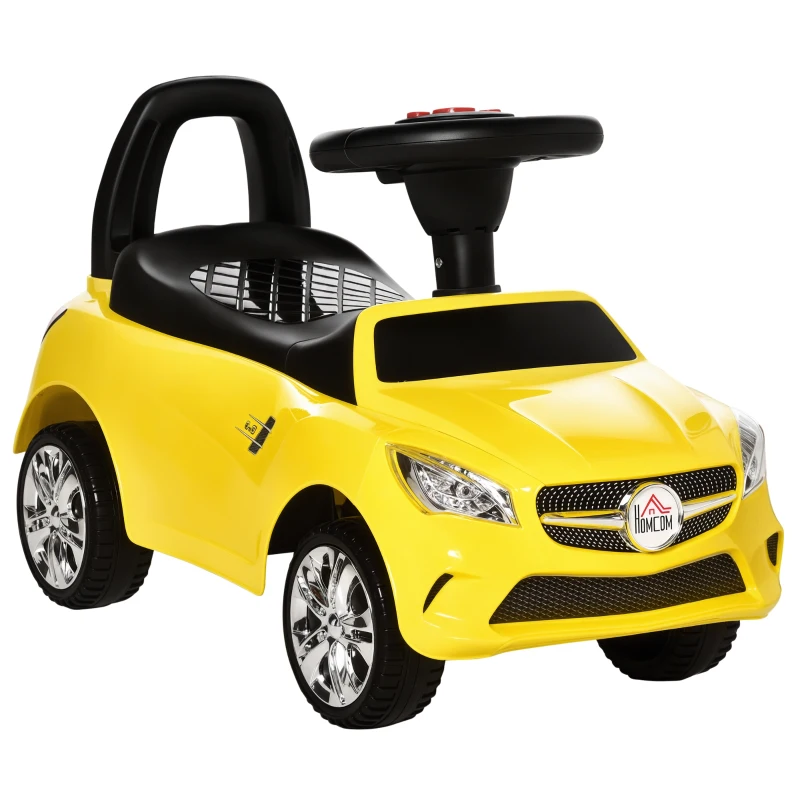 HOMCOM Macchinina per Bambini Cavalcabile con Volante, Fari e Musiche Integrate, Macchina per Bambini in PP e Metallo, 63.5x28x36 cm, Giallo