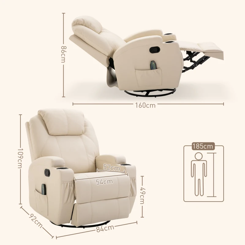 HOMCOM Sillón de masaje reclinable, sillón de relajación, respaldo y reposapiés ajustables, 84 x 92 x 109 cm, crema