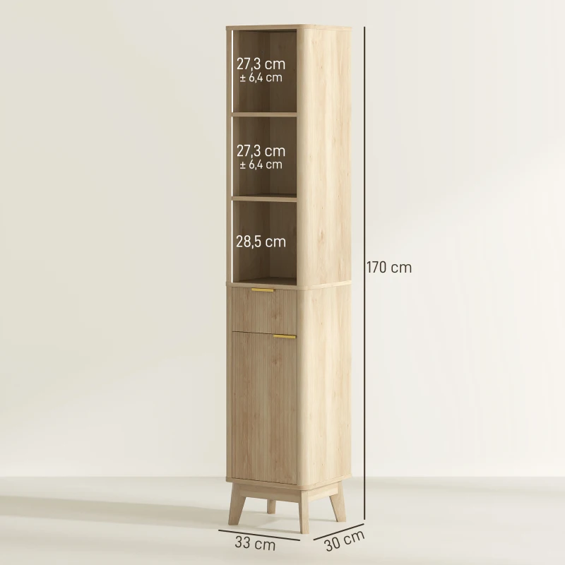HOMCOM Columna Alta de Baño con Estantes y Cajón Diseño Compacto y Funcional para Espacios Reducidos 33x30x170 cm Tono Madera