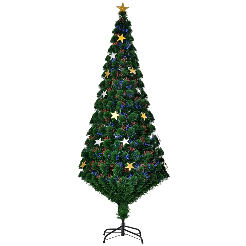 HOMCOM Árbol de Navidad Artificial Árboles de Abeto 180cm con Soporte Decoraciones Navideñas Copos de Estrella Fibra Óptica Brillante LED Multicolor Ignífugo
