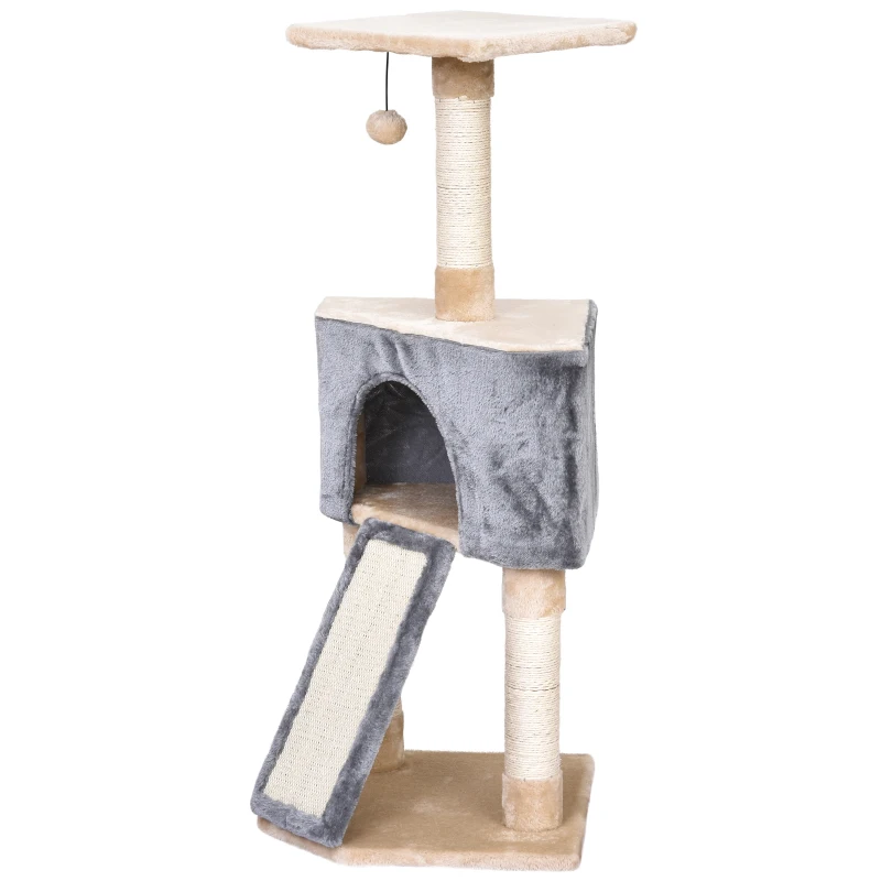 PawHut Árbol Rascador para Gatos con Cueva Juguete Colgante Rampa y Postes Rascadores de Sisal 40x40x98 cm Gris y Beige