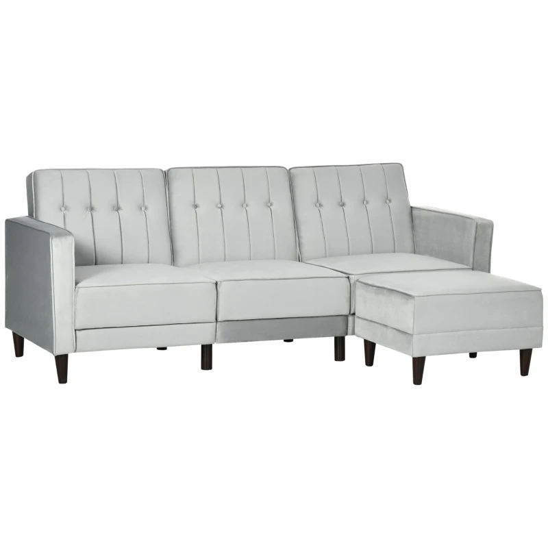HOMCOM Sofá Cama con Chaise Longue de 3 Plazas Tacto aterciopelado con Respaldo Ajustable 218x85x86 cm Gris