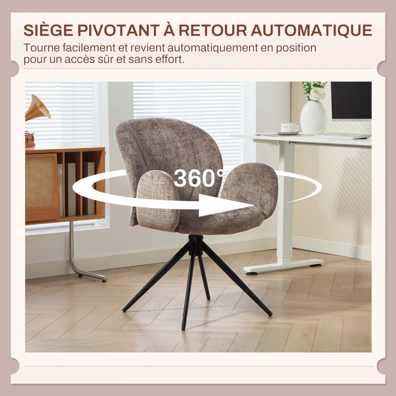 HOMCOM Chaise bureau ergonomique, fauteuil de bureau avec siège pivotant à retour automatique, 60 x 66 x 86,5 cm, brun clair