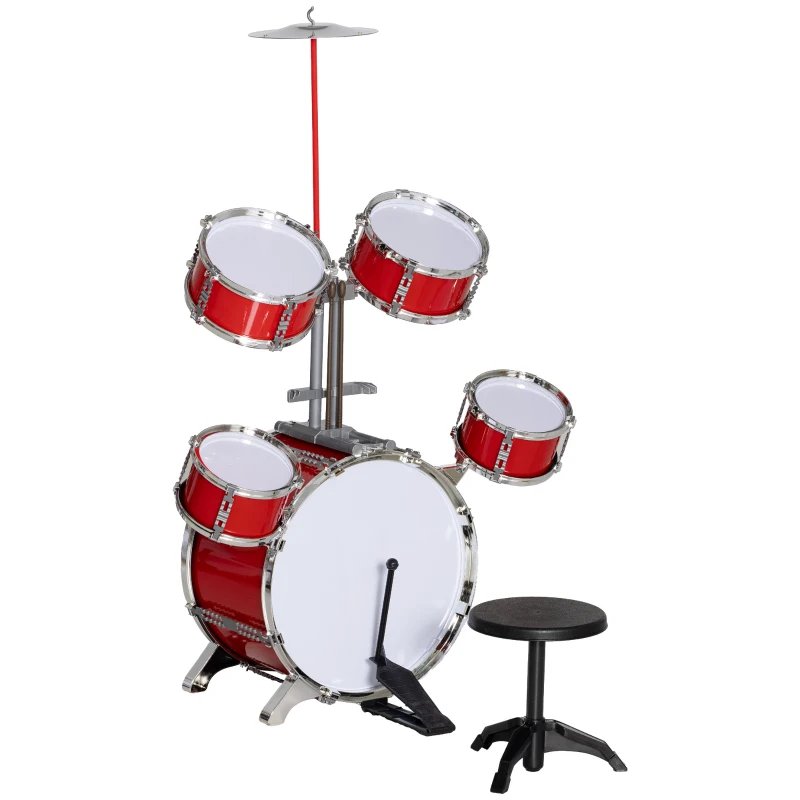 AIYAPLAY Batería para Niños de +3 Años con Tambores Bombo Platillo Pedal y Baquetas 68,5x37x84 cm Rojo