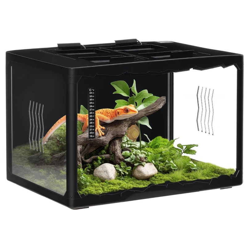 PawHut Terrarium en verre - vivarium reptiles & batraciens - habitat tortue - couvercle grillagé 2 parties amovibles - distributeur eau, thermomètre, pincette, 2 douilles inclus - ABS acrylique noir