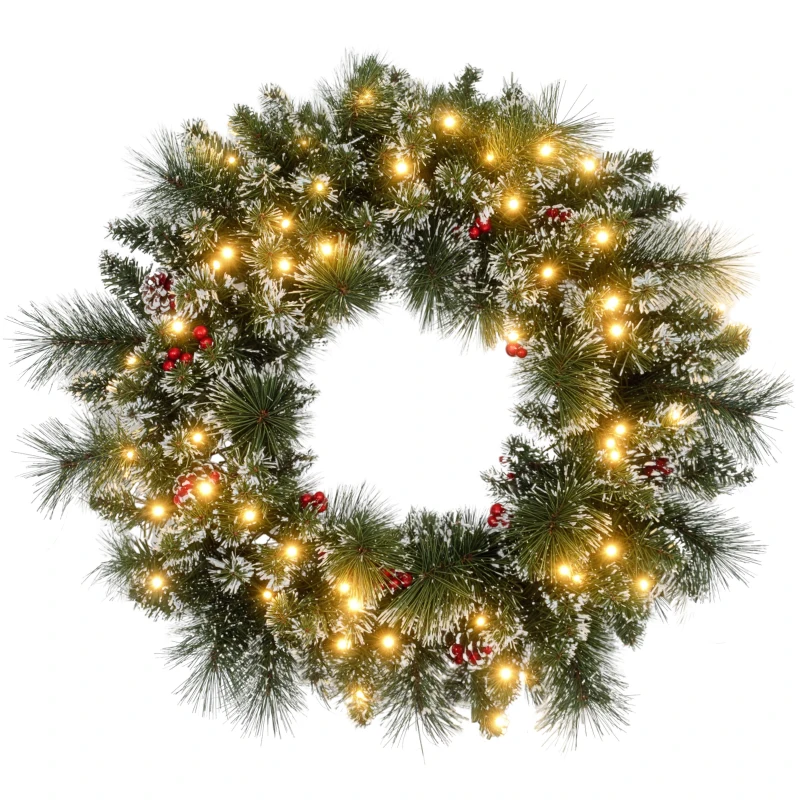 HOMCOM Couronne de Noël porte artificielle 60 CM avec pommes de pin et grappes de baies, lumières LED et minuterie vert
