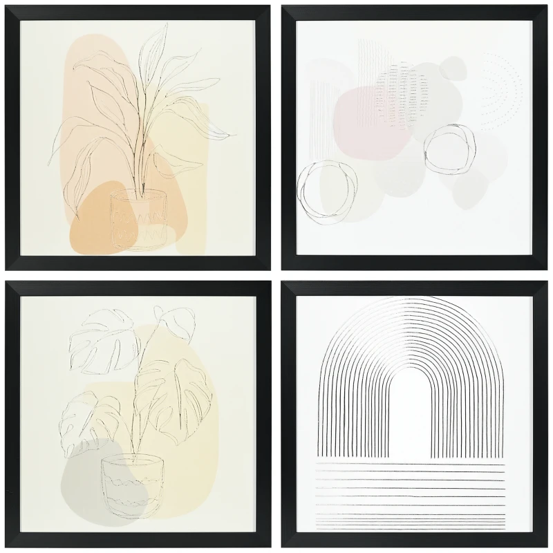 HOMCOM Set de 4 Cuadros en Lienzo de Pintura Abstracta Decoración Elegante para Dormitorio Salón 33x33 cm Multicolor