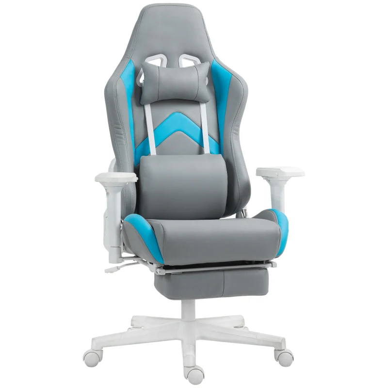 HOMCOM Silla Gamer Reclinable con Altura Ajustable Reposapiés Retráctil Soporte Lumbar y Reposacabezas Gris Claro y Azul