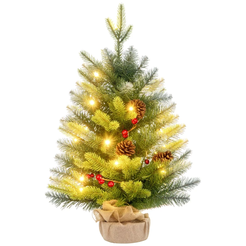 HOMCOM Árbol de Navidad Sobremesa 60 cm con 20 Luces LED 141 Ramas 5 Piñas 5 Racimos de Bayas Rojas y Soporte de Metal Verde