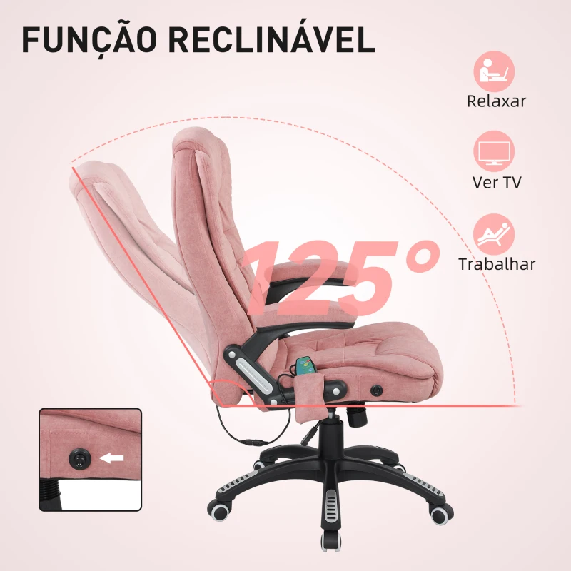 Vinsetto Cadeira de Escritório com 6 Pontos de Massagem Reclinável até 130° com Função de Aquecimento 65x71x110-120 cm Rosa