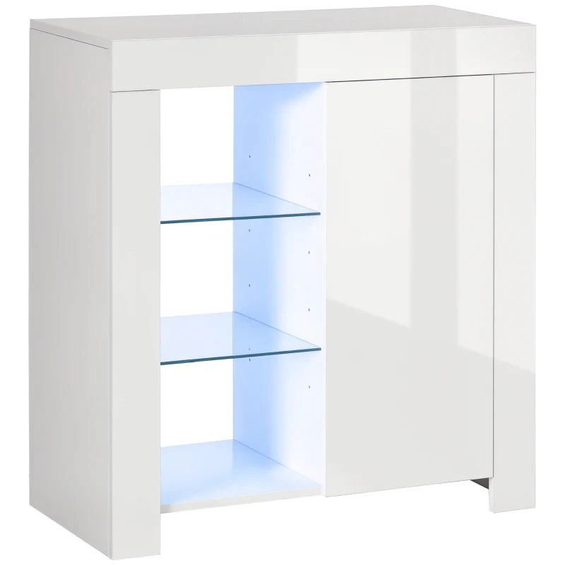 HOMCOM Mobiletto da Salotto Bianco in Truciolato e Metallo con Luci LED Blu, 3 Ripiani Aperti e Armadietto, 75x35x82 cm