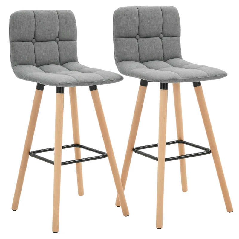 HOMCOM Set 2 Sgabelli da Bar con Schienale e Poggiapiedi, Seduta Imbottita in Tessuto e Gambe in Legno, 41.5x47x97.5, Grigio