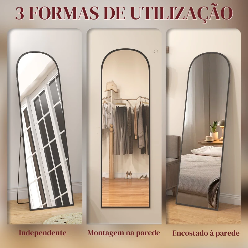 HOMCOM Espelho de Pé Espelho de Corpo Inteiro 60x165 cm com Estrutura de Liga de Alumínio e Suporte para Sala Quarto Preto