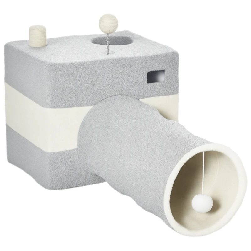 PawHut Túnel para Gatos con Cueva Tubo de Juguete para Mascotas con Orificio Superior y Bola Colgante 48x95x58 cm Gris