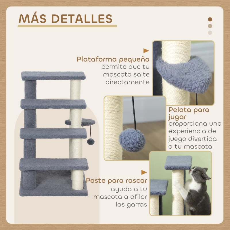 PawHut Escalera para Gatos de 4 Niveles Cubierto de Suave Felpa Poste de Sisal Bola Colgante 60x40x64 cm Gris
