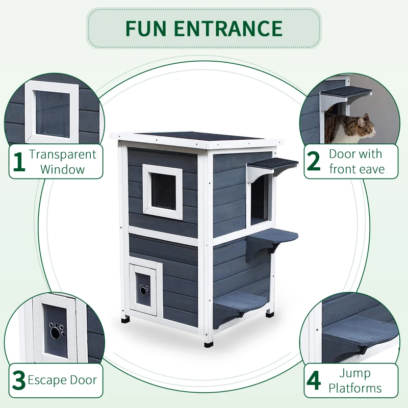PawHut® kattenhuis 2 verdiepingen kattenvilla met trappen asfaltdak raam vurenhout grijs 51 x 51 x 81,3 cm(m-6)