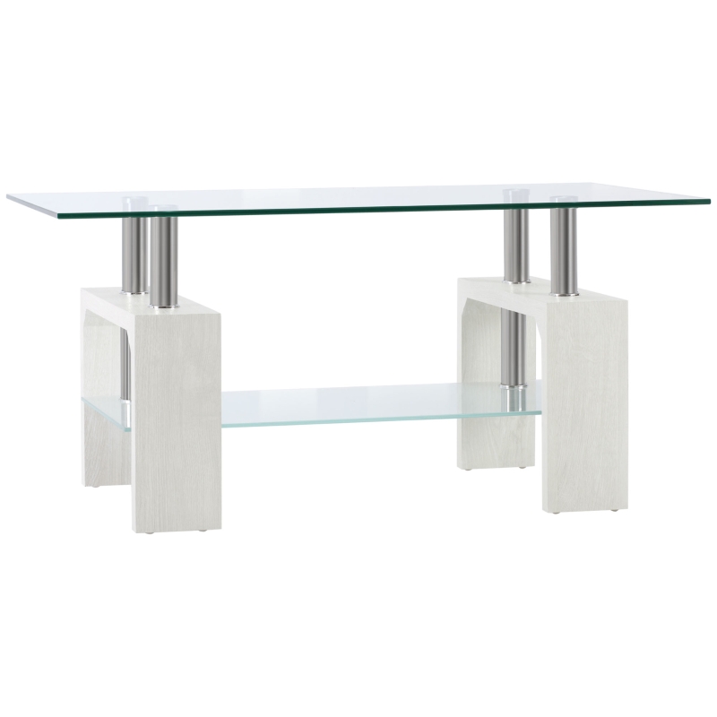 HOMCOM Tavolino da Caffè Moderno a 2 Livelli in Vetro e Legno, 90x50x42cm, Bianco