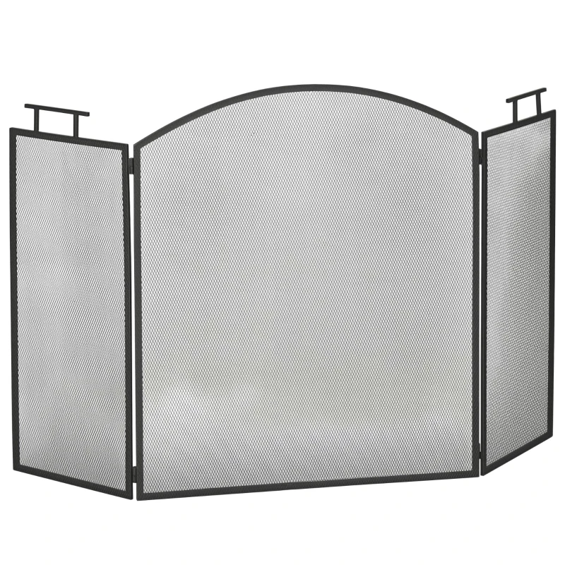 HOMCOM Kaminschutzgitter Funkenschutzgitter mit Netz Eisengitter Kaminschirm zusammengefaltet dreiteilige Design Metall Schwarz 110 x 24 x 76,5 cm