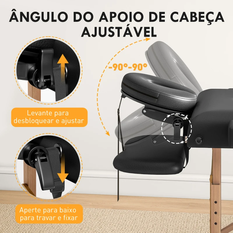 HOMCOM Marquesa de Massagem Dobrável Portátil com Altura Ajustável Apoio de Cabeça Apoios de Braço Acolchoados 215x60x64-89 cm Preto
