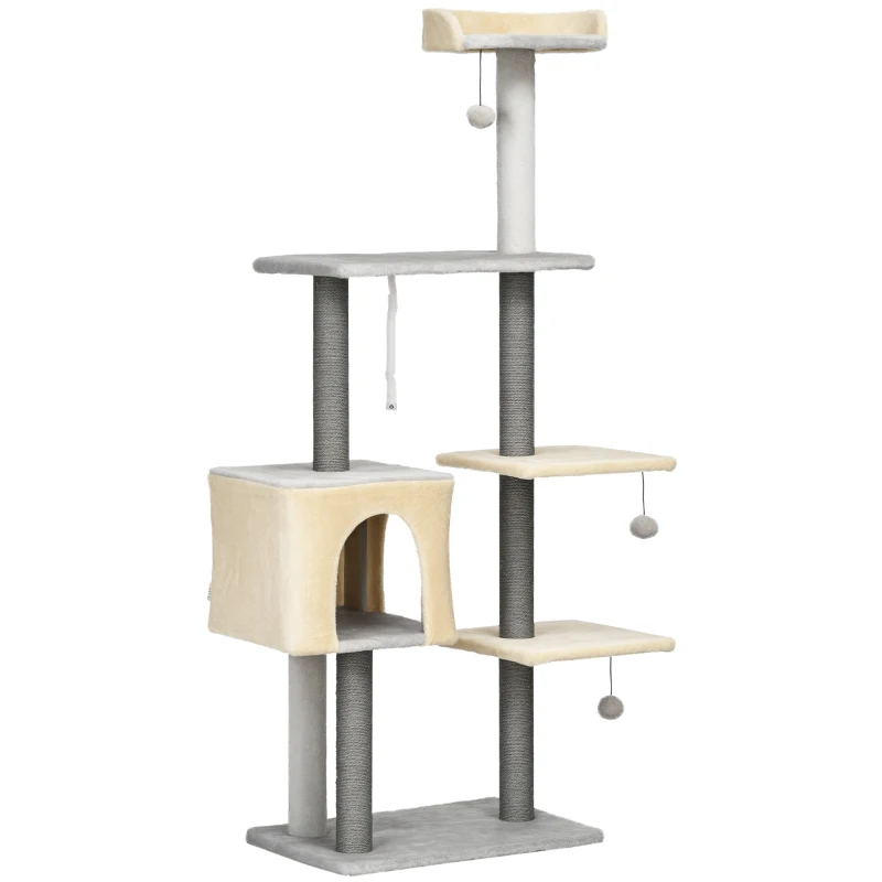 PawHut Tiragraffi per Gatti Alto 156cm con Lettino, Casetta e Pali Tiragraffi in Sisal