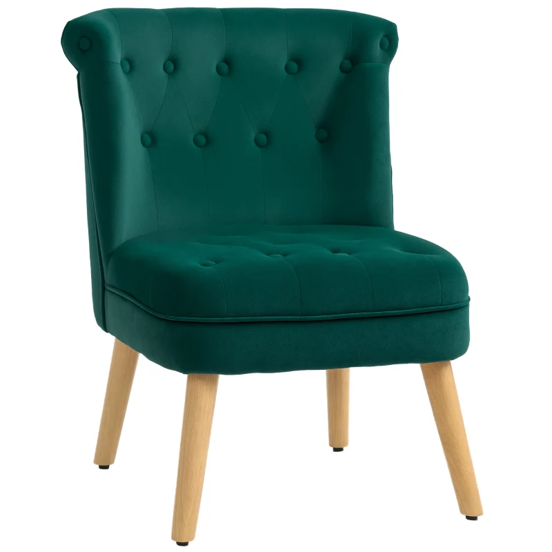 HOMCOM Fotoliu cu Șezut Căptușit, Picioare din Lemn și Material Efect de Catifea, 60x66x79 cm, Verde