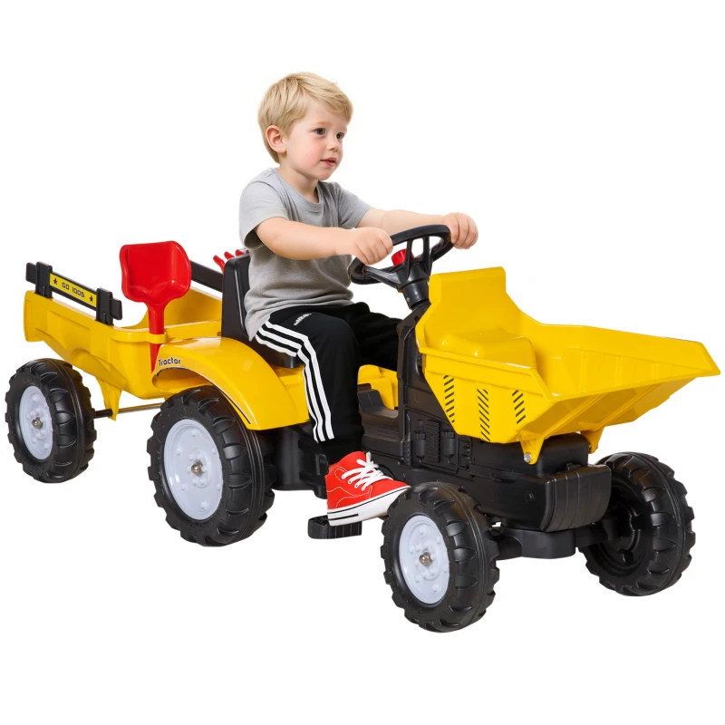 HOMCOM Tracteur à pédales enfant de 3 à 6 ans tractopelle avec remorque pelle et râteau jaune noir