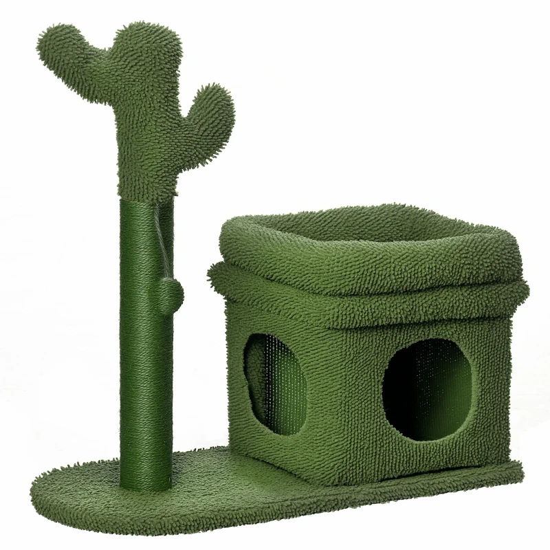 PawHut Tiragraffi per Gatti con Lettino, Casetta e Palo in Sisal a Forma di Cactus, 68x30x67cm, Verde