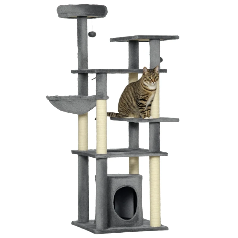 PawHut Arranhador para Gatos com Poste de Arranhar de Sisal Cama Caverna Plataformas e Bolas Suspensas 49x49x144 cm Cinza