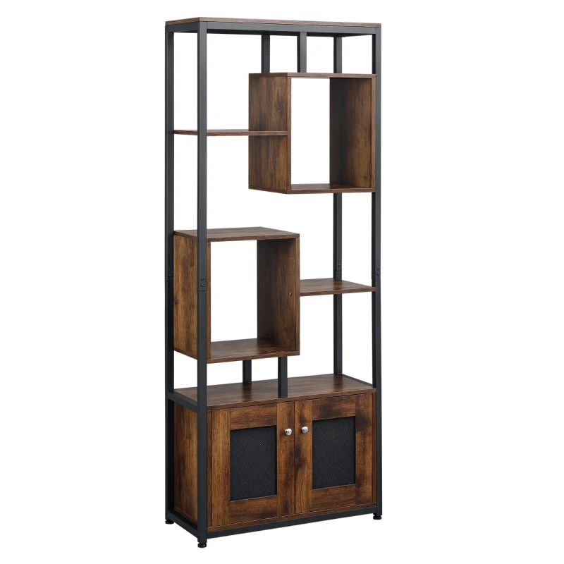 HOMCOM Mobile Libreria Scaffale in Stile Industriale con Armadietto a 2 Ante, Scaffale Salvaspazio a 8 Ripiani per Casa e Ufficio, 70x30x180cm, Marrone