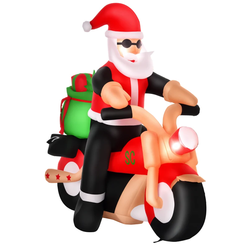 HOMCOM Babbo Natale Gonfiabile su Motocicletta 165cm con Luci LED Integrate, Decorazione Natalizia da Esterno
