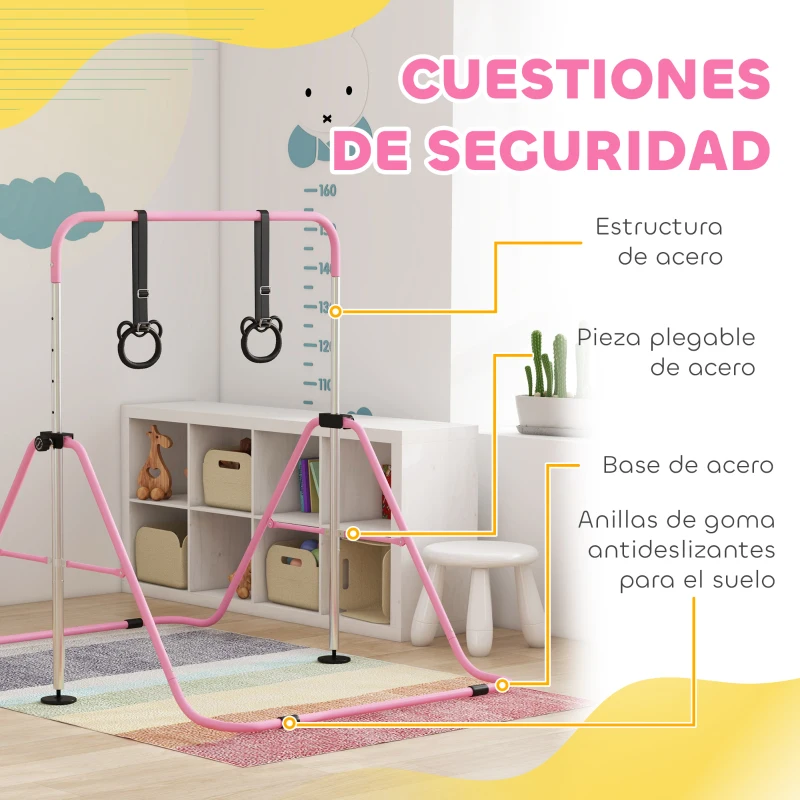 HOMCOM Barra de Gimnasia para Niños con Altura Ajustable en 5 Niveles y Anillos Entrenamiento de Gimnasia Plegable en Casa Rosa