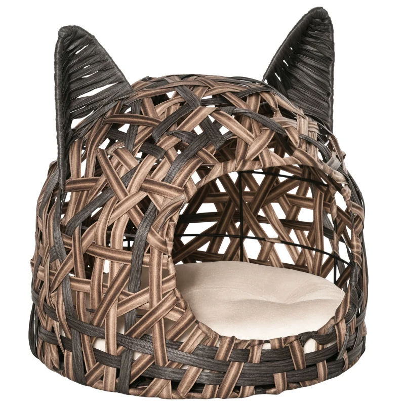 PawHut Cuccia per Gatti, Cesta per Gatti Adulti fino 4.5kg, Cesta in Vimini Sintetico a Forma di Gatto, Marrone